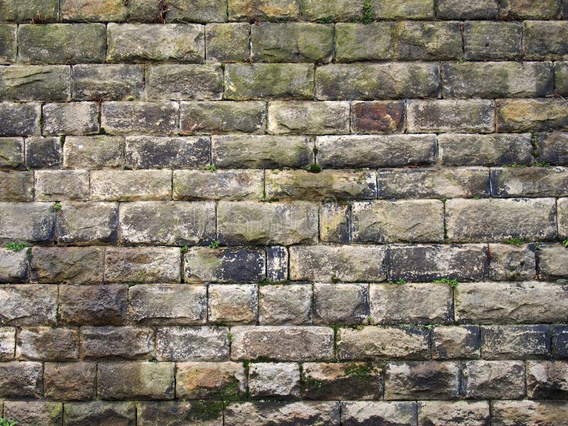 Old Grey Damp Stone Wall Made of Large Regular Blocks Covered in