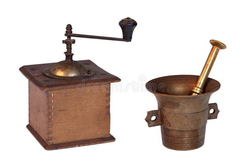Old grinder and mortar with pestle isolated