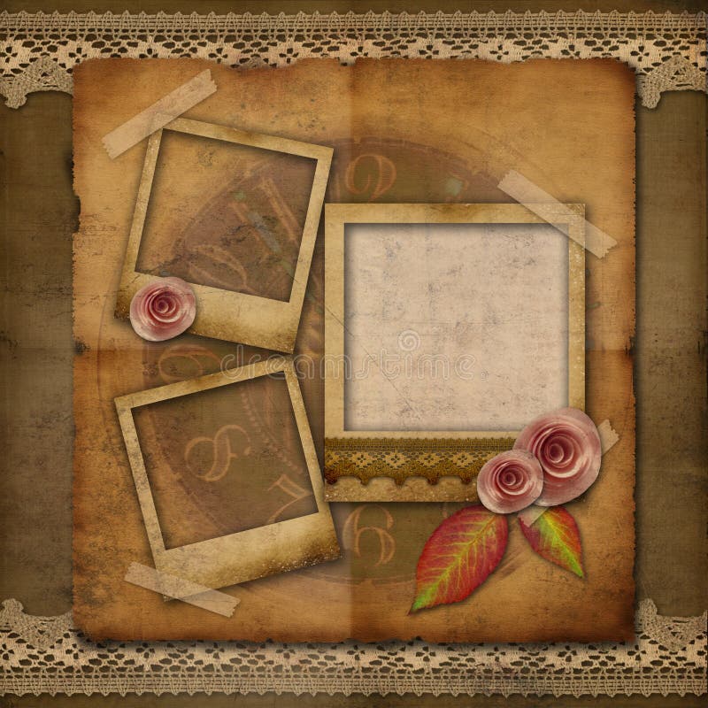 Old grunge photo frame with roses