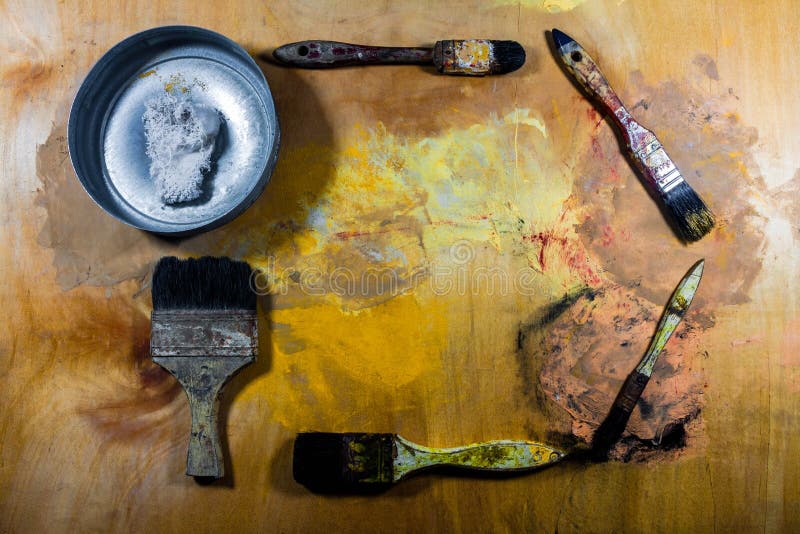 Old Grungy Paint Brushes on Wood Floor Stock Image Image of color