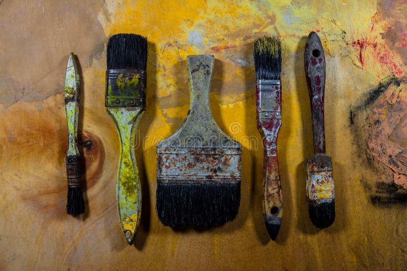 Old Grungy Paint Brushes Wood Floor Stock Photos Free & RoyaltyFree
