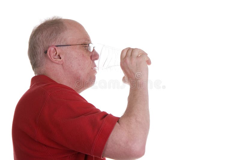 Old Guy in Red Shirt Drinking Water from Glass