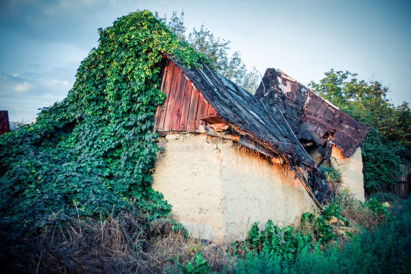 Old House with the Broken Roof and Overgrown Grass Stock Image Image