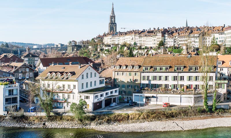 Old Houses on the Embankment in Bern in Switzerland. Beautiful landscape.