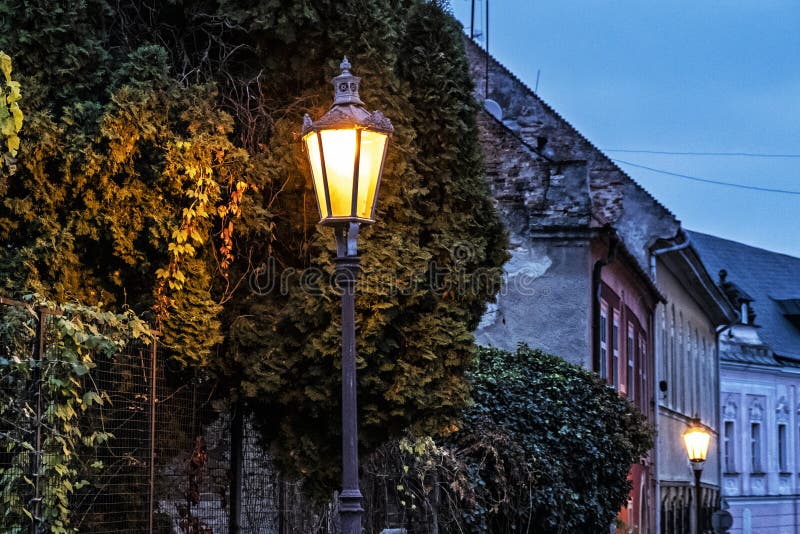 Old houses and lights, evening street scene