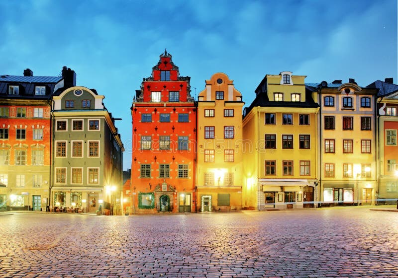 Old houses on Stortorget square at night. Stockholm, Sweden