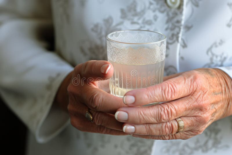 Old human hands close up grandmother holding glass of mineral water woman drinking fresh clear health pure refreshing beverage wellbeing thirsty detox aqua home natural liquid care elderly pensioner. High quality photo AI generated