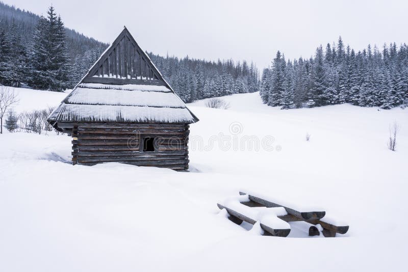 Old hut in deep snow. Olczyska Valley. Tatra Mountains