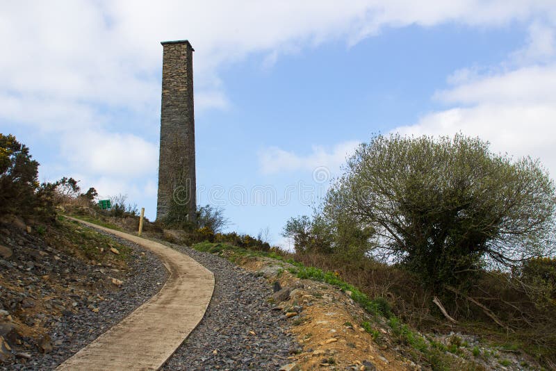 The old industrial chimney from the 19th century South Engine House at the derelict lead mines workings in Conlig in County Down