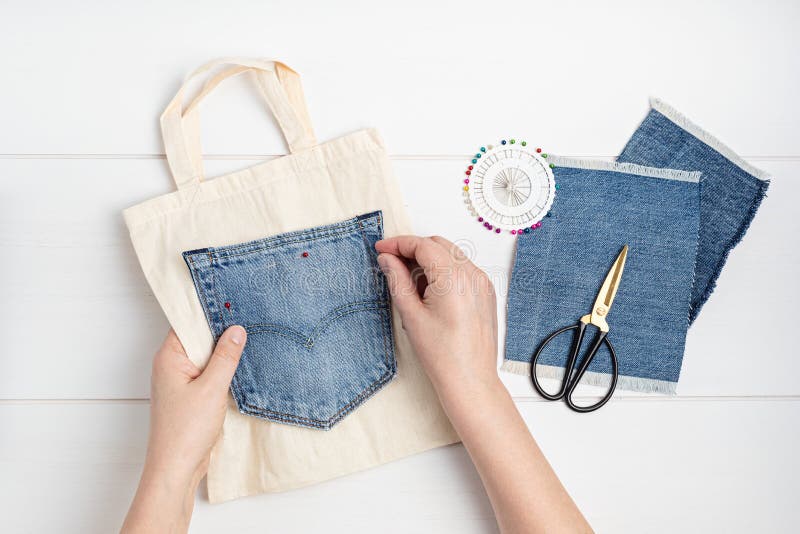 Old jeans upcycling idea. Crafting with denim, recycling old clothers, hobby, diy activity