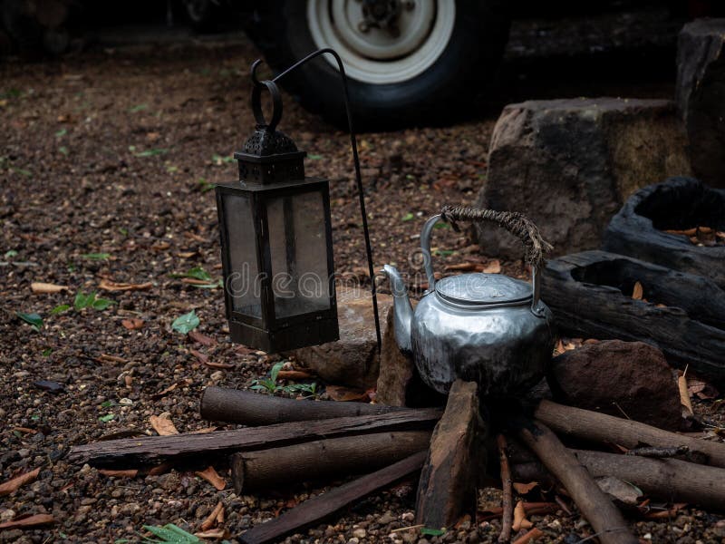 Old Kettle on Wood in Camping Outdoor Stock Image Image of nature, boiling 187832933