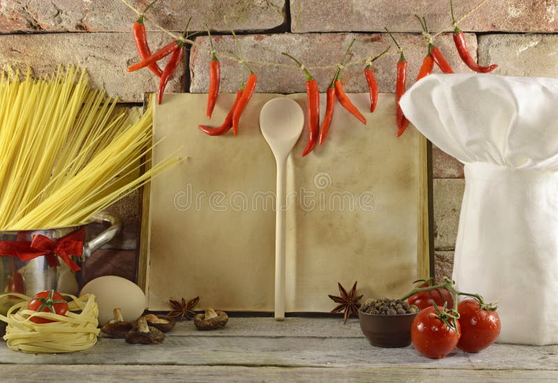 Old kitchen still life with cook book