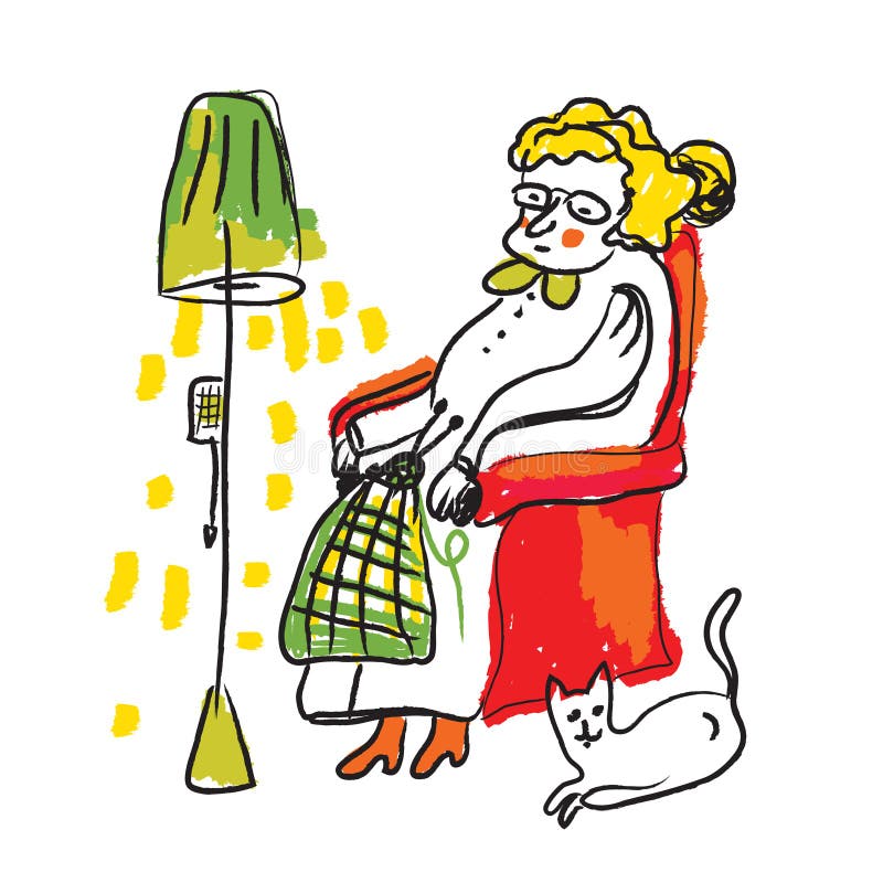 Old lady knitting sketch - cozy room vector illustration