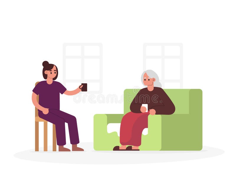Old lady sitting on sofa, nurse sitting near, drinking tea. Positive seniors spending time together indoors. Happy old age. Rehabilitation for elderly people. Colorful vector flat illustration