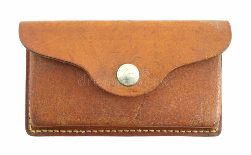 An old leather ammo pouch against a white background. Button clasp stock images, royalty-free photos and pictures