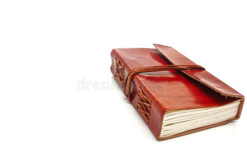 Old Leather Bound Book Parchment Paper Inside White Background Stock