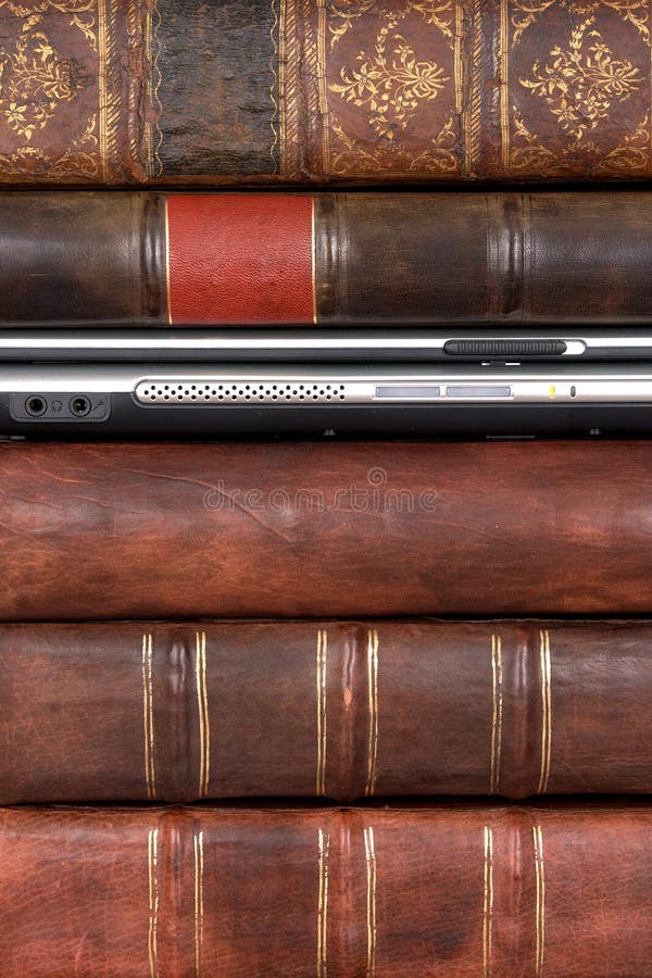 Old Leather Bound Books with a Laptop Stock Photo Image of data, antique 7707350