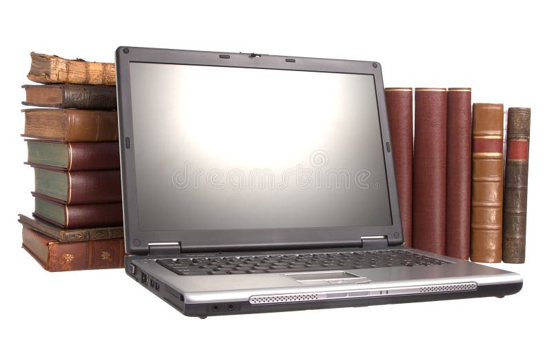 Old leather bound books with a laptop