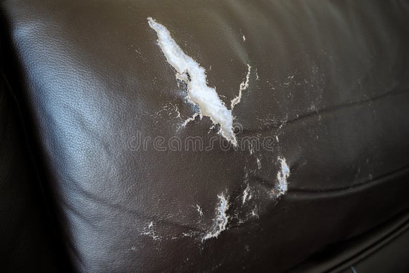 Old Leather Cover, Torn Leather Cover, Damaged Leather Sofa Stock Photo