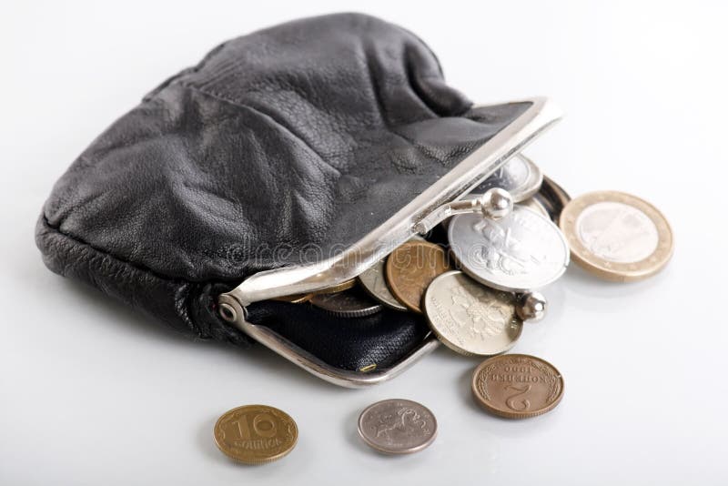 Old leather purse on the white