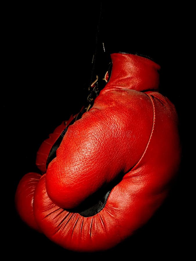 Old Leather Red Boxing Gloves Hanging in the Dark Stock Image Image