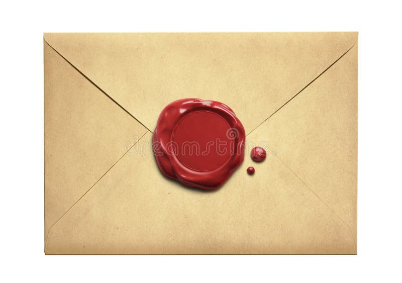 Old letter envelope with wax seal isolated