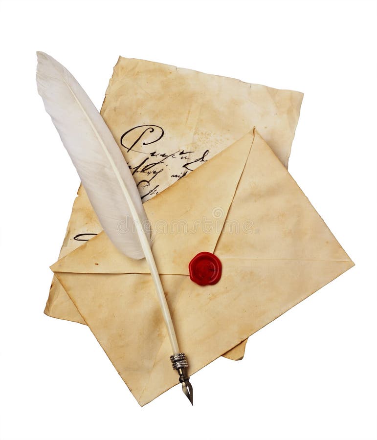 Old letter with vintage handwriting, envelope and feather pen