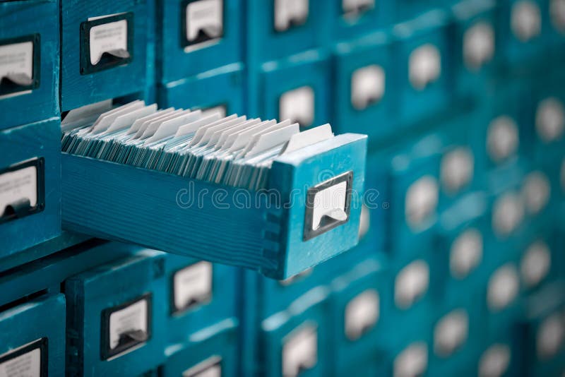 Old library or archive reference catalogue with opened card drawer. stock images Old library or archive reference catalogue with opened card drawer. stock images