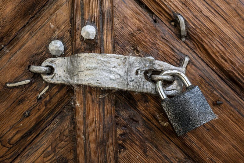 the old lock on the wooden brown door