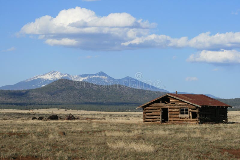 Old log cabin and mountain