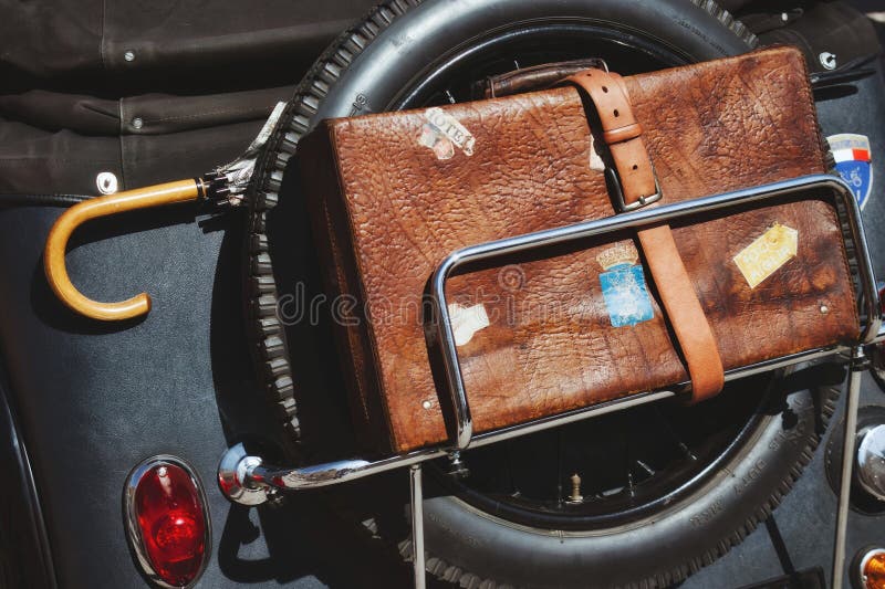 Suitcase In The Luggage Rack Of Vintage Car Stock Photo - Download