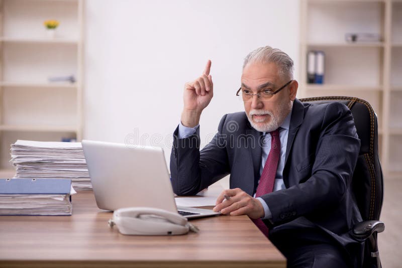 Old Male Boss Working at Workplace Stock Photo Image of workload