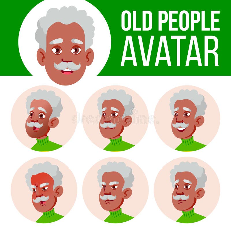 Old Man Avatar Set Vector. Black. Afro American. Face Emotions. Senior Person Portrait. Elderly People. Aged. User