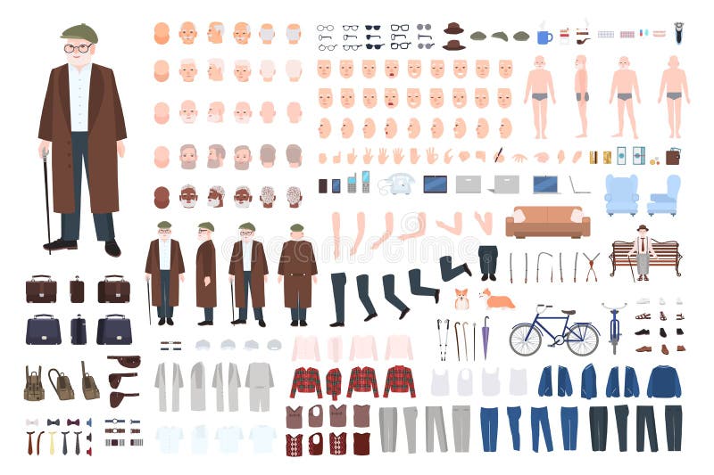 Old man character constructor, creation set. Different grandfather postures, hairstyle, face, legs, hands, clothes royalty free illustration Old man character constructor, creation set. Different grandfather postures, hairstyle, face, legs, hands, clothes royalty free illustration
