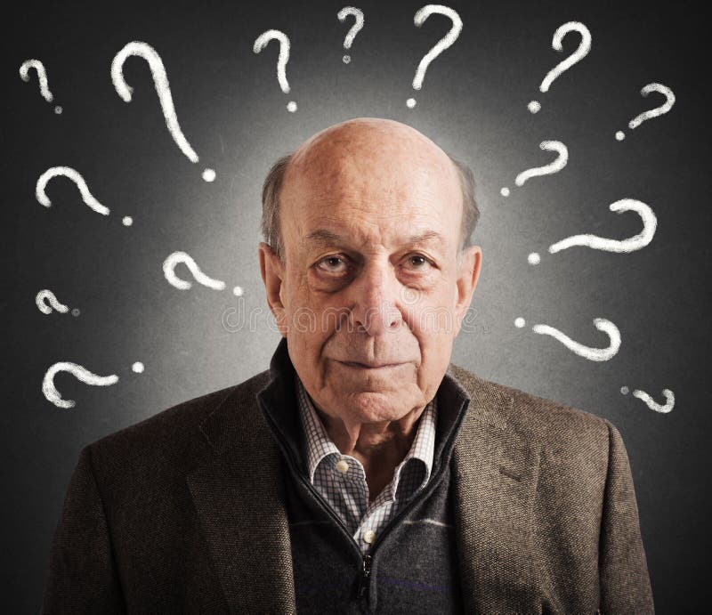 Old man confused with many question marks. Problem wrinkle stock images, royalty-free photos and pictures