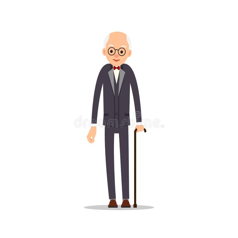 Old man. Elderly man in tail-coat with bow tie leans against stick. Cartoon illustration isolated on white background in flat