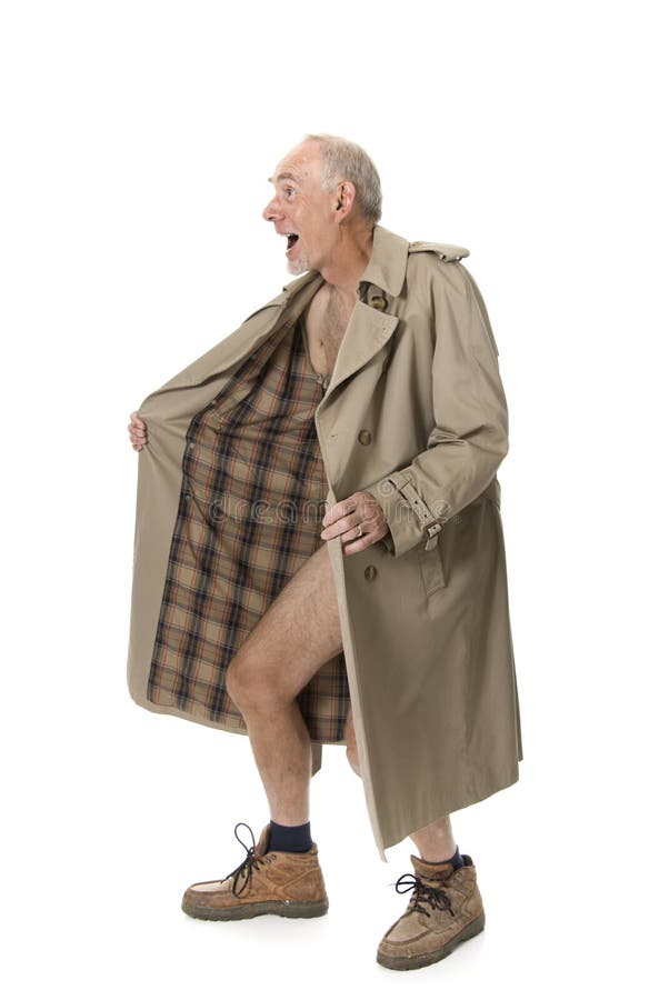 Old man flashing with raincoat. 