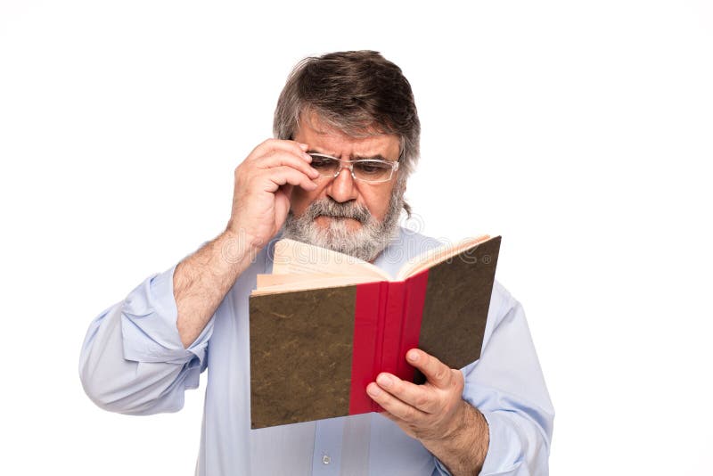 Old Man with Glasses Reading a Book Stock Image - Image of information,  gray: 71442157