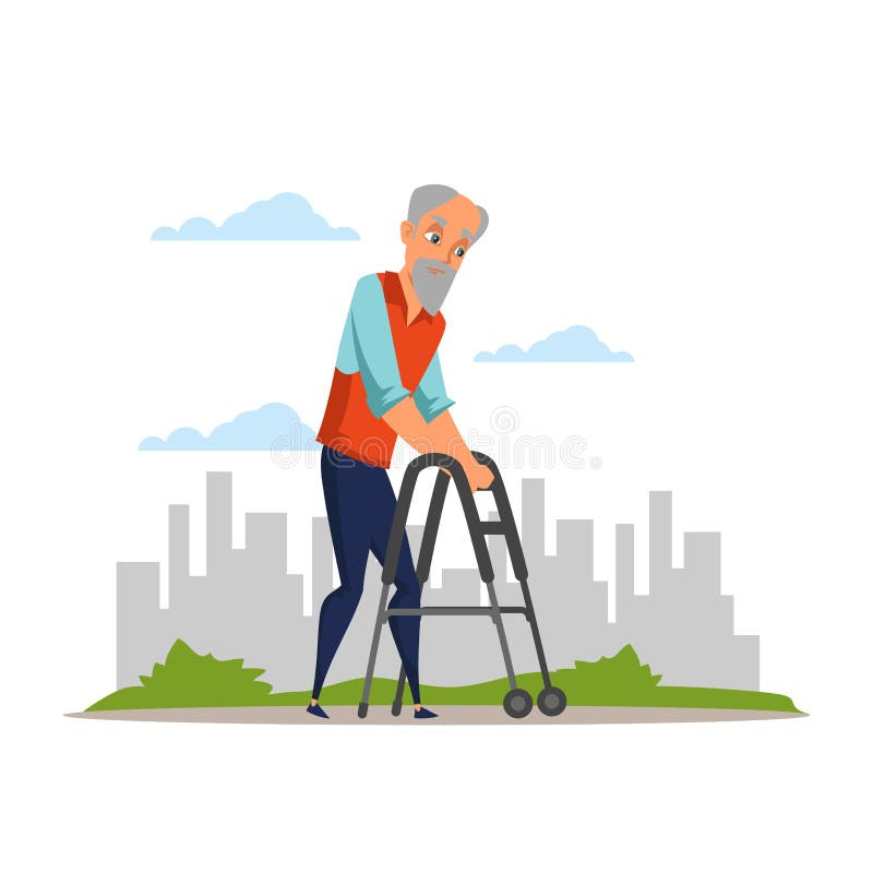 Old man using walkers flat vector illustration.