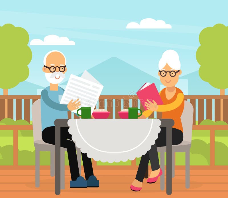 Old Man and Woman Drinking Tea on Terrace and Reading Newspaper Vector Illustration. Senior Grey Haired Male and Female on Retirement Engaged in Daily Life Activity Concept