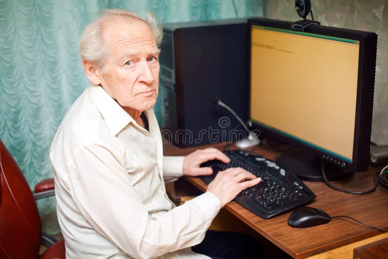 Old Man Working On Computer Stock Image - Image of looking 