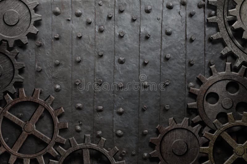 Old metal background with rusty gears and cogs