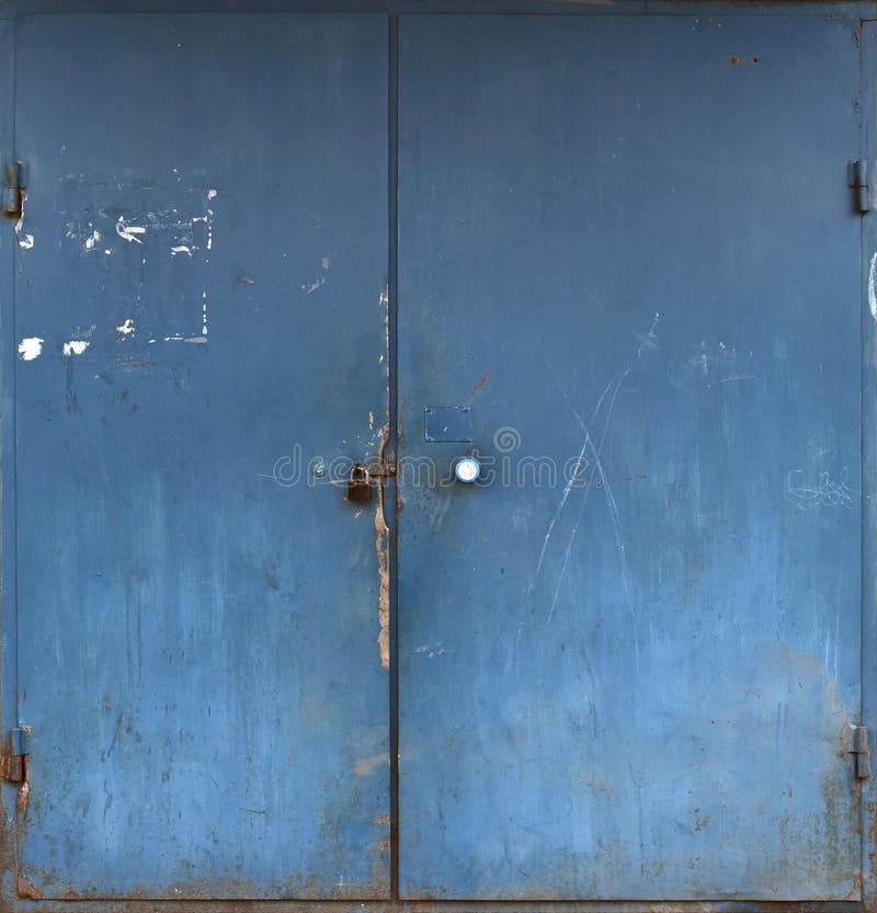 Old Metal Blue Double Door with Peeling Paint. Stock Photo Image of