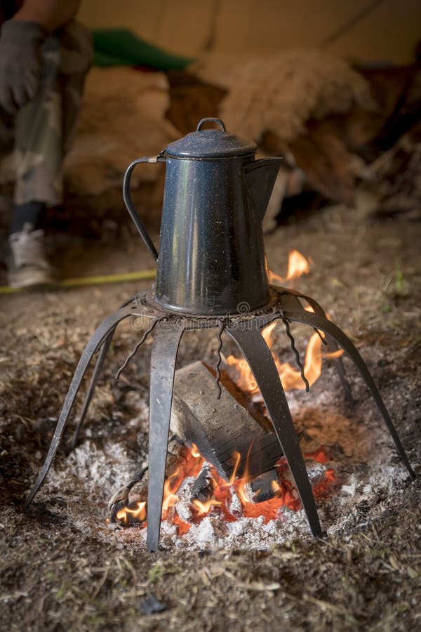 Percolating Coffee Over an Open Fire. Stock Photo - Image of metal