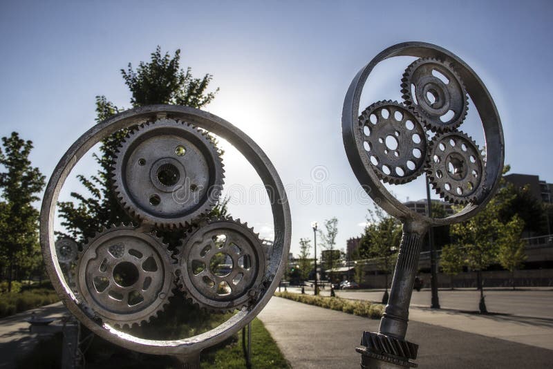 Old metal gears in the Smale Riverfront Park in Cincinnati Ohio