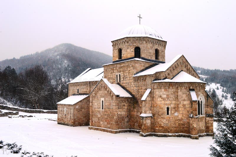 An old monastery in the snow