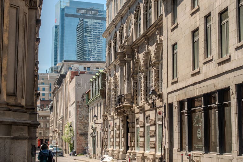 Old Montreal street view with historical buildings stock photography
