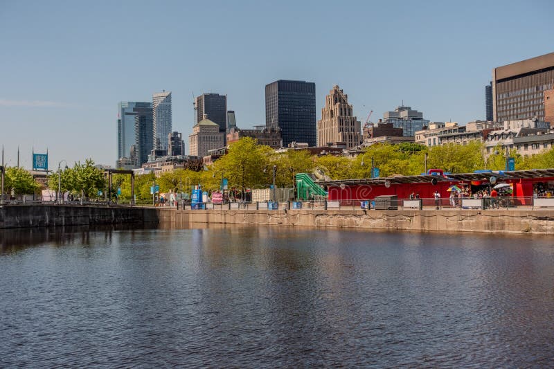 Old Montreal street view with historical buildings stock images