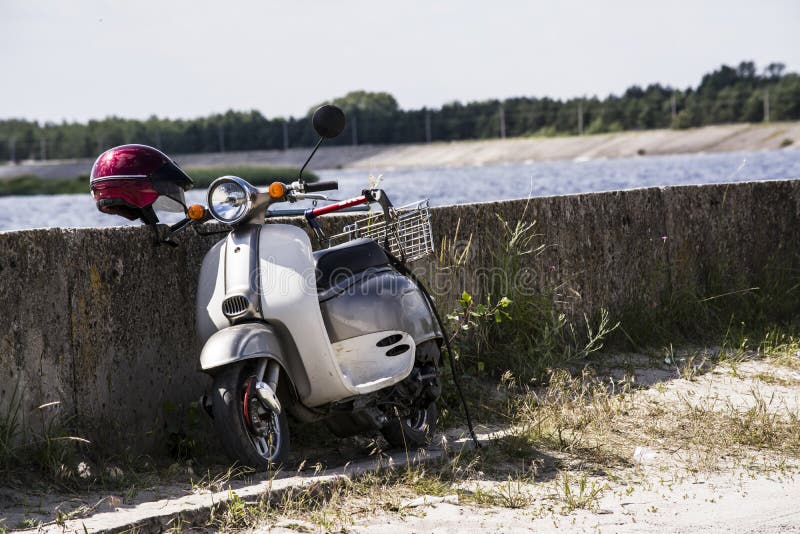 Old moped stock image. Image of road, helmet, landscape 73418955