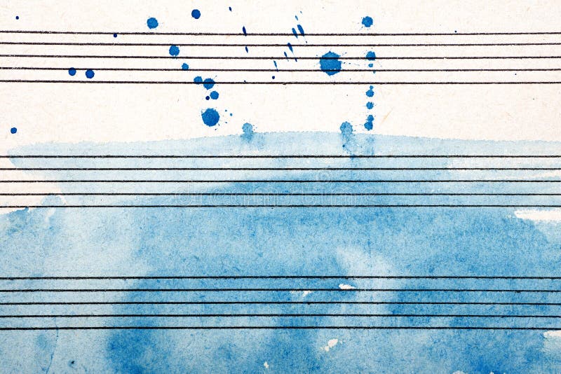 Old music sheet in blue watercolor paint. Blues music concept. Abstract blue watercolor background.